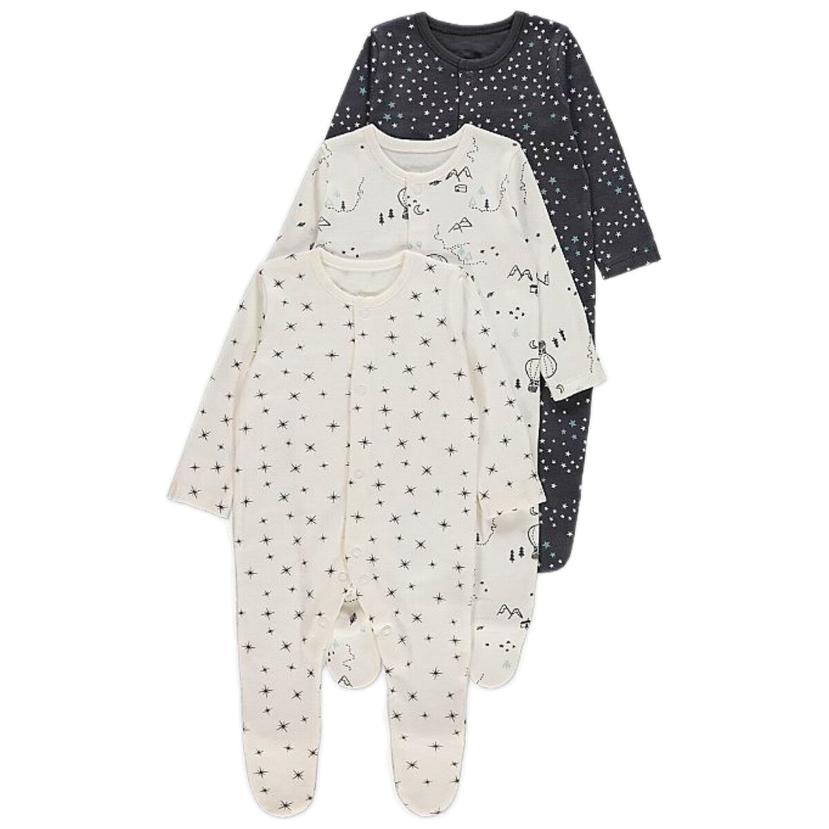 Black Star Print Long Sleeve Sleepsuits 3 Pack - Diaper Yard Gh